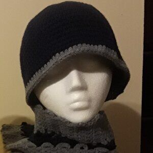 Blue and gray skull cap and scarf